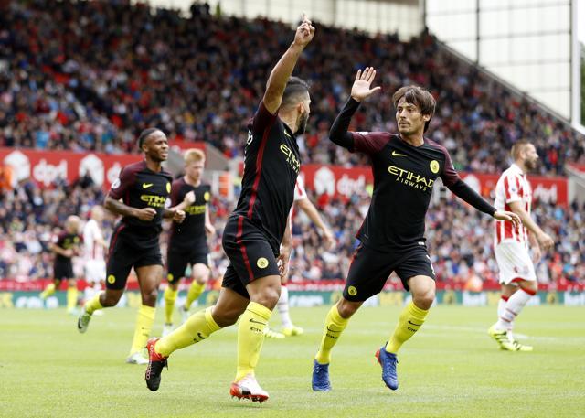 Manchester City's Sergio Aguero celebrates scoring their first goal. (REUTERS) Manchester City's Sergio Aguero celebrates scoring their first goal. (REUTERS)