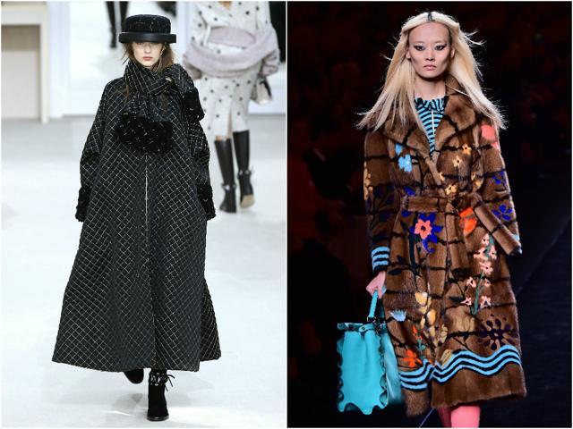 (From left) Feminine sophistication was on the agenda at Chanel, with extra-long quilted coats; Fendi used the belt to highlight waistlines, but only with the fur version. (AFP)
