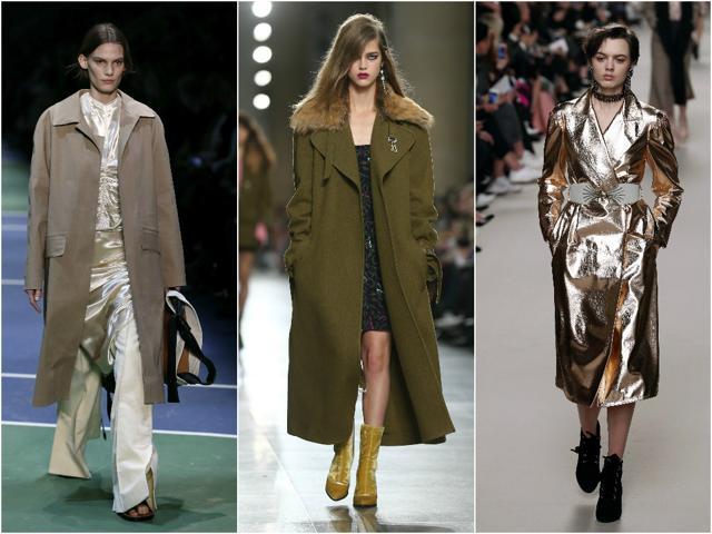 (From left) Coats come with masculine cuts at Céline; military-style coats were spotted at Topshop Unique, worn over pretty, feminine ensemble; Lanvin cinched its long coat at the waist with a wide belt. (AFP)