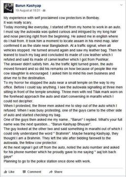 A Mumbai resident on Friday said he was waylaid by an auto driver who accused him of using a bag made of cow hide. Police have registered a non-cognisable complaint against the driver. (Barun Kashyap/Facebook) A Mumbai resident on Friday said he was waylaid by an auto driver who accused him of using a bag made of cow hide. Police have registered a non-cognisable complaint against the driver. (Barun Kashyap/Facebook)