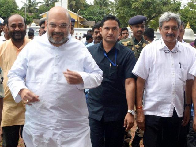BJP president Amit Shah along with defence minister Manohar Parrikar visits Shri Mahalasa Narayani Temple at Verna, Goa on Saturday. (PTI) BJP president Amit Shah along with defence minister Manohar Parrikar visits Shri Mahalasa Narayani Temple at Verna, Goa on Saturday. (PTI)