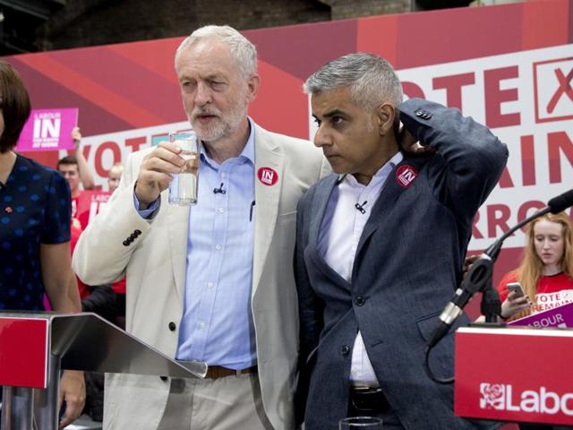 Labour Party leader Jeremy Corbyn (left) speaks with London Mayor Sadiq Khan as they attend a final rally in favour of UK remaining in the EU in central London on June 22. (AFP File) Labour Party leader Jeremy Corbyn (left) speaks with London Mayor Sadiq Khan as they attend a final rally in favour of UK remaining in the EU in central London on June 22. (AFP File)