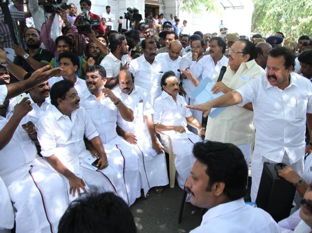 Opposition leader MK Stalin along with other DMK legislators during a protest outside the Tamil Nadu Assembly in Chennai on Thursday. (V Srinivasulu/HT Photo) Opposition leader MK Stalin along with other DMK legislators during a protest outside the Tamil Nadu Assembly in Chennai on Thursday. (V Srinivasulu/HT Photo)