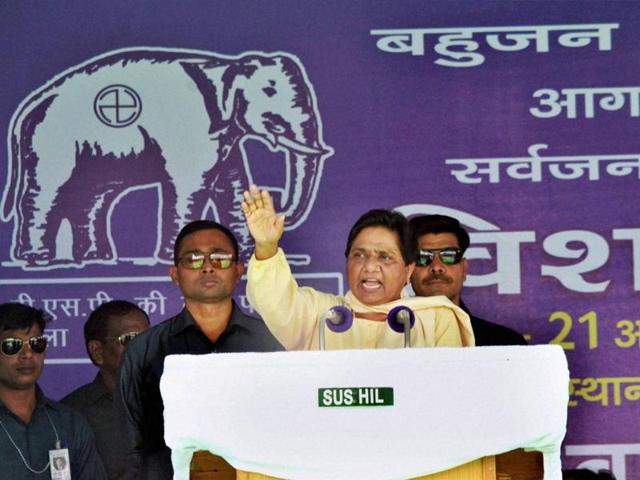 Bahujan Samaj Party chief Mayawati addresses a rally in Agra on Sunday. (PTI) Bahujan Samaj Party chief Mayawati addresses a rally in Agra on Sunday. (PTI)
