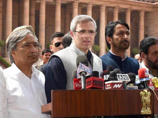 Former chief minister of Jammu and Kashmir Omar Abdullah talking to reporters after a delegation of all opposition parties from the state led by him called on President Pranab Mukherjee at Rashtrapati Bhavan in New Delhi on Saturday.(PTI Photo)