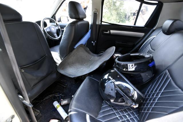 The damaged interior of a car used by wanted criminals involved in a shootout in New Delhi on Sunday. (Arun Sharma/HT Photo) The damaged interior of a car used by wanted criminals involved in a shootout in New Delhi on Sunday. (Arun Sharma/HT Photo)