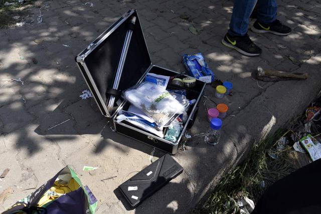 Samples collected by investigators from the spot where a shootout between wanted criminals and the Delhi Police took place in Delhi’s Rohini on Sunday morning. (Arun Sharma/HT Photo) Samples collected by investigators from the spot where a shootout between wanted criminals and the Delhi Police took place in Delhi’s Rohini on Sunday morning. (Arun Sharma/HT Photo)