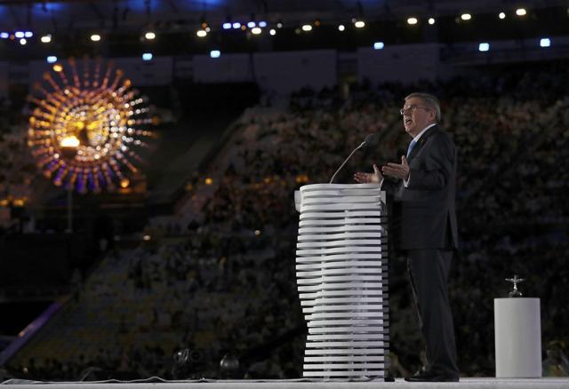 International Olympic Committee President Thomas Bach delivers the final speech during the closing ceremony. (REUTERS)