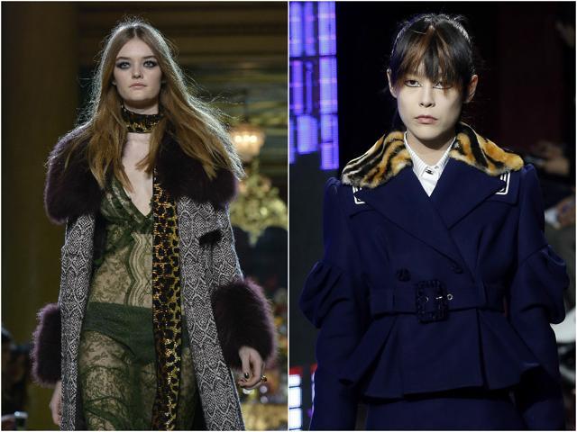 (From left) Roberto Cavalli goes wild with animal-print scarves; Kenzo brings tiger-print fur to collars. (AFP) (From left) Roberto Cavalli goes wild with animal-print scarves; Kenzo brings tiger-print fur to collars. (AFP)