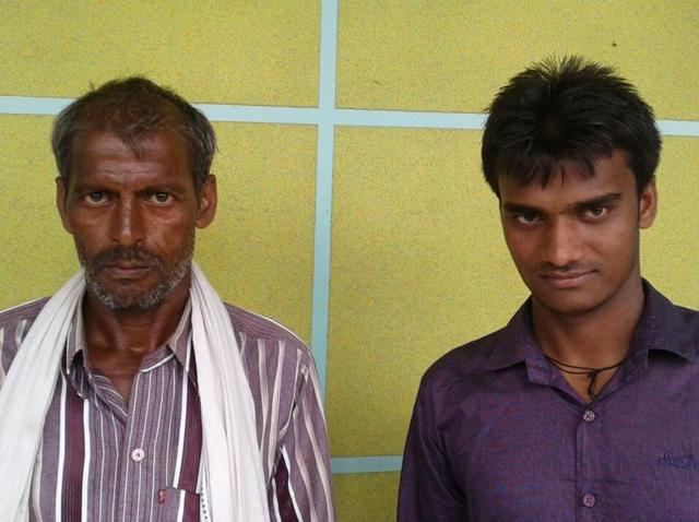 Chaub Singh with his farmer cum masonry labourer father Ramsahay Singh from Dholpur district. Chaub Singh has been selected in NEET 2016 exam.(AH Zaidi/HT photo)