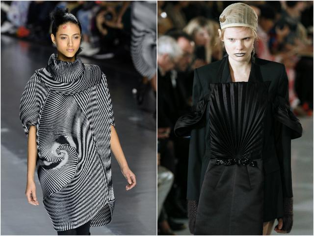 (From left) Issey Miyake turns pleats into optical illusions; pleats feature alongside voluminous effects and asymmetrical lines at Maison Margiela. (AFP) (From left) Issey Miyake turns pleats into optical illusions; pleats feature alongside voluminous effects and asymmetrical lines at Maison Margiela. (AFP)