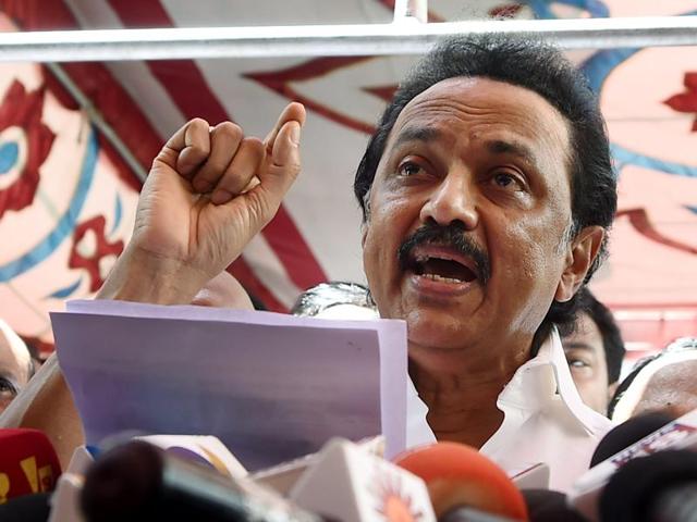 Opposition leader MK Stalin addresses the media during a protest outside the Tamil Nadu Assembly in Chennai. (PTI File Photo) Opposition leader MK Stalin addresses the media during a protest outside the Tamil Nadu Assembly in Chennai. (PTI File Photo)