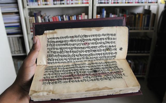 A copy of hand-written Rig Veda at the academy. (Abhinav Saha/HT Photo) A copy of hand-written Rig Veda at the academy. (Abhinav Saha/HT Photo)
