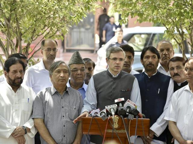 National Conference leader Omar Abdullah (Centre) is flanked by opposition party leaders from Jammu and Kashmir as he speaks to the media in Delhi after meeting the prime minister. (Arvind Yadav/ HT photo) National Conference leader Omar Abdullah (Centre) is flanked by opposition party leaders from Jammu and Kashmir as he speaks to the media in Delhi after meeting the prime minister. (Arvind Yadav/ HT photo)
