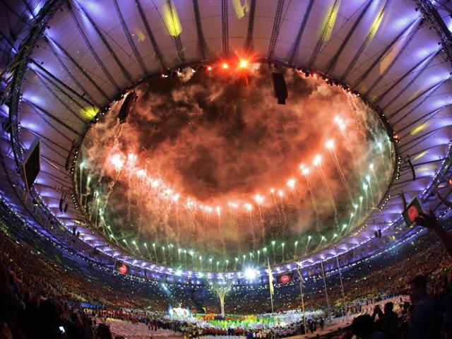 Pyrotechnics erupt during the closing ceremony of the Rio Olympics in the Maracana stadium in Rio de Janeiro, on August 21, 2016. (AP)