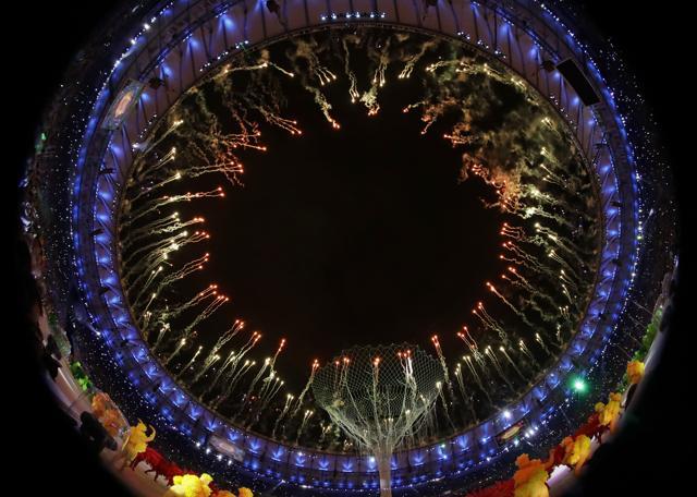Pyrotechnics explode during the closing ceremony. (AP)