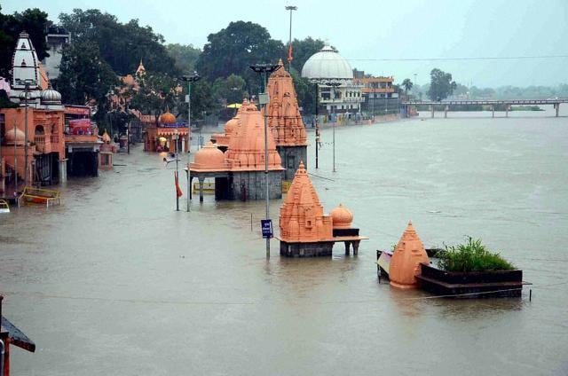 A view of submerged temples after floods in river Kshipra in Ujjain, Madhya Pradesh. (PTI Photo) A view of submerged temples after floods in river Kshipra in Ujjain, Madhya Pradesh. (PTI Photo)