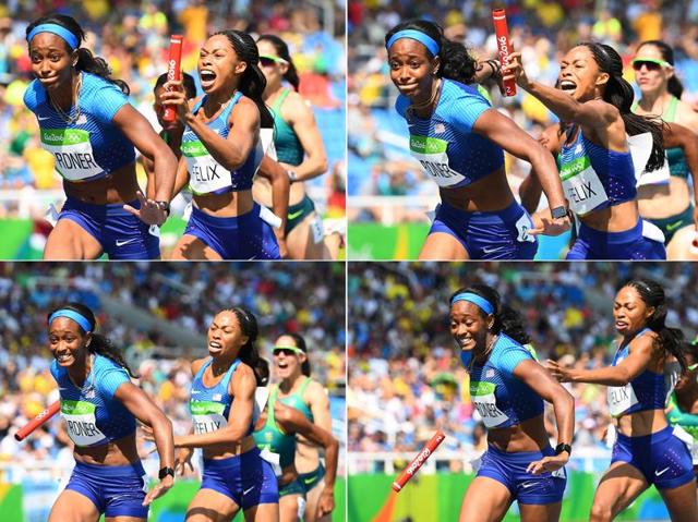 A combination photo shows US' Allyson Felix failing to hand the baton to her partner English Gardner during the women's 4 x 100m relay round 1 at the Olympic Stadium in Rio de Janeiro on August 18, 2016. (Franck Fife/ AFP Photo) 