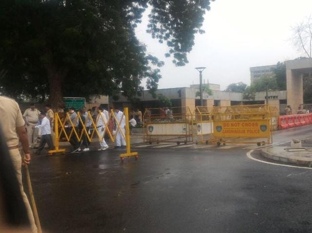 Police stop Congress workers from entering the secretariate premises in Gandhinagar (HT Photo) Police stop Congress workers from entering the secretariate premises in Gandhinagar (HT Photo)