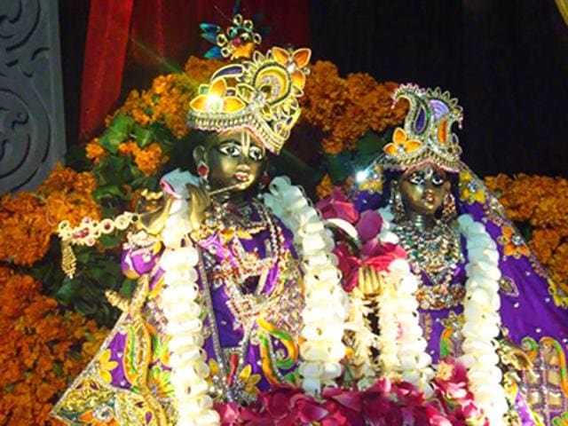 At Vrindavan Chandrodaya temple, the special attraction will be a swing made of silver in which the deities of Radha and Krishna will be gently swung after midnight arati. (HT Photo) At Vrindavan Chandrodaya temple, the special attraction will be a swing made of silver in which the deities of Radha and Krishna will be gently swung after midnight arati. (HT Photo)