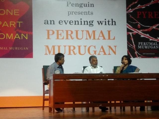 Perumal Murugan (centre) in conversation with author Nilanjana Roy (Right) and AR Venkatachalapathy (left) at a book launch in Delhi on Monday. (HT Photo) Perumal Murugan (centre) in conversation with author Nilanjana Roy (Right) and AR Venkatachalapathy (left) at a book launch in Delhi on Monday. (HT Photo)