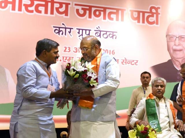 BJP National president Amit Shah being welcomed by Delhi BJP president Satish Upadhayaya as the representative from across the country attend the Meeting of Core Group in New Delhi, India, on Tuesday, August 23, 2016. (Sushil Kumar / HT Photo) BJP National president Amit Shah being welcomed by Delhi BJP president Satish Upadhayaya as the representative from across the country attend the Meeting of Core Group in New Delhi, India, on Tuesday, August 23, 2016. (Sushil Kumar / HT Photo)