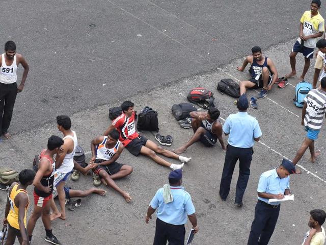 Candidates sit during Fire Brigade recruitment drive at Borivali. Candidates go through various physical tests during recruitment and get selected for training after the result of recruitment drive. After training for 6 months, 774 posts of firemen will get fulfilled through merit. (Pratham Gokhale)