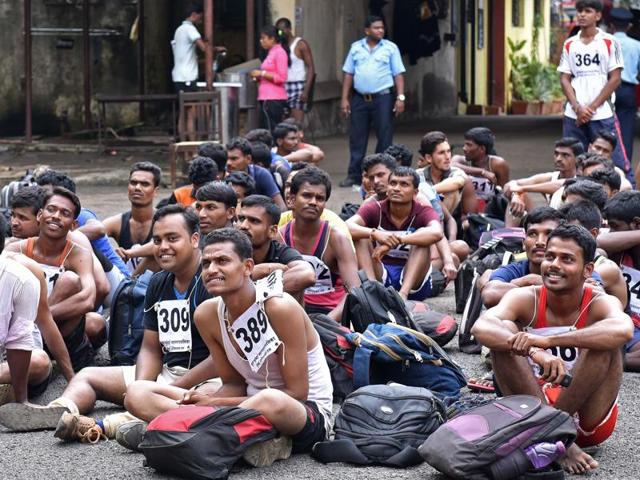 Candidates sit during Fire Brigade recruitment drive at Borivali. Candidates go through various physical tests during recruitment and get selected for training after the result of recruitment drive. After training for 6 months, 774 posts of firemen will get fulfilled through merit. (Pratham Gokhale)