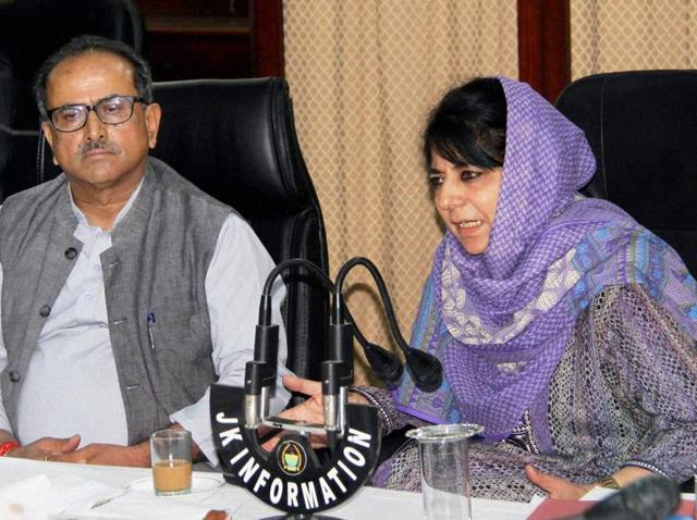 Jammu and Kashmir chief minister Mehbooba Mufti and deputy chief minister Nirmal Singh during a high level meeting with top officials. (PTI) Jammu and Kashmir chief minister Mehbooba Mufti and deputy chief minister Nirmal Singh during a high level meeting with top officials. (PTI)