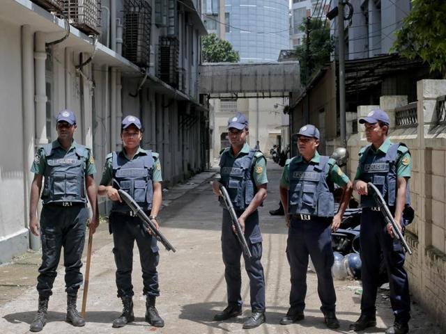Bangladeshi policemen (pictured above) said Shamim admitted during interrogation that the group killed Faisal Arefin Deepan, owner of Jagriti Prokashoni publishing house, for publishing the books of Avijit Roy, a prominent Bangladeshi-American blogger and writer(AP file photo)