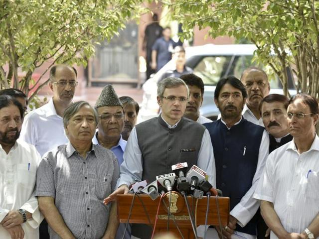 J-K’s former chief minister Omar Abdullah addresses a press conference after a meeting with Prime Minister Narendra modi in New Delh. (Arvind Yadav / HT Photo) J-K’s former chief minister Omar Abdullah addresses a press conference after a meeting with Prime Minister Narendra modi in New Delh. (Arvind Yadav / HT Photo)