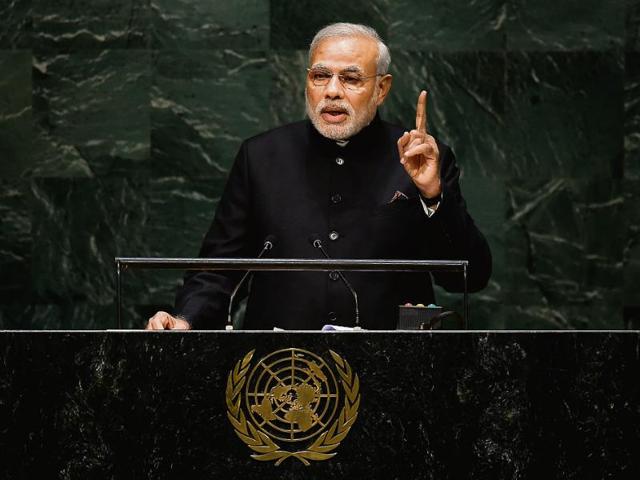 Prime Minister Narendra Modi speaks the United Nations Sustainable Development Summit at the United Nations General Assembly in New York on September 25, 2015.(AFP file photo)