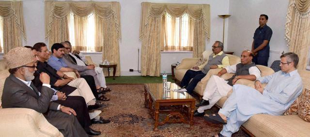 Union home minister Rajnath Singh in a meeting with a delegation of Jammu and Kashmir National Conference party leaders led by former chief minister Omar Abdullah in Srinagar. (PTI Photo) Union home minister Rajnath Singh in a meeting with a delegation of Jammu and Kashmir National Conference party leaders led by former chief minister Omar Abdullah in Srinagar. (PTI Photo)