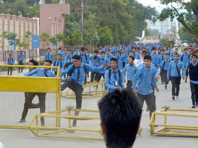 File Photo: Members of the Student wing of Joint Committee on Inner Line Permit System protest at Konung Mamang, Imphal East, Manipur. (PTI File Photo) File Photo: Members of the Student wing of Joint Committee on Inner Line Permit System protest at Konung Mamang, Imphal East, Manipur. (PTI File Photo)
