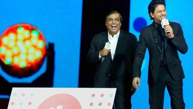Mumbai: Reliance Industries Limited Chairman and Managing Director Mukesh Ambani with actor Shahrukh Khan at the launch of Reliance Jio's 4G services for its employees in Mumbai in December 2015.(PTI)