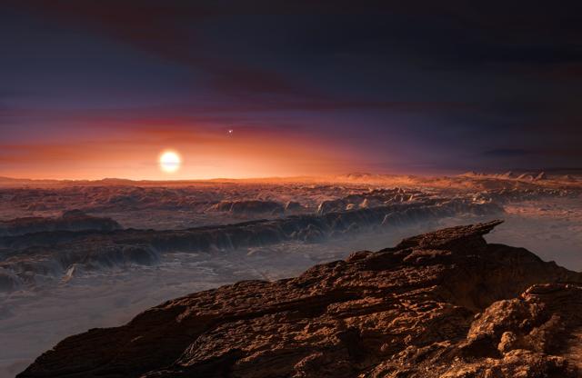 Artist’s impression of the surface of Proxima b. Proxima b is a little more massive than the Earth and orbits in the habitable zone around Proxima Centauri, where the temperature is suitable for liquid water to exist on its surface. (AFP/ESA) Artist’s impression of the surface of Proxima b. Proxima b is a little more massive than the Earth and orbits in the habitable zone around Proxima Centauri, where the temperature is suitable for liquid water to exist on its surface. (AFP/ESA)