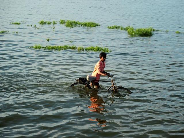 A villager pushes a bicycle as he crosses a flooded road at Naraha on the outskirts of Allahabad on August 24, 2016. (AFP/Sanjay Kanojia) 
