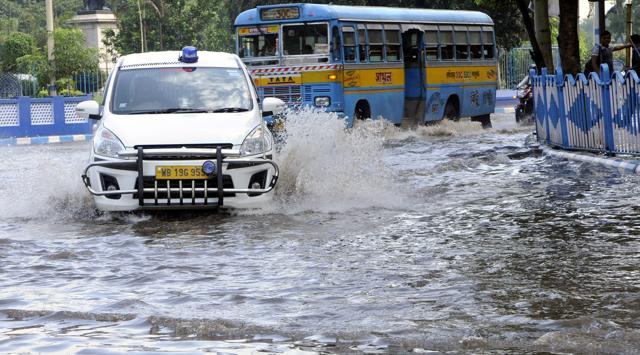 Waterlogging in front of the All India Radio office after recent rains in Kolkata. (Subhendu Ghosh/ HT )