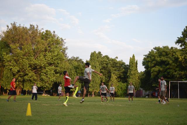 The men’s football team made from students of the new batch of Indian Institute of Management , Lucknow playing the match. (Handout image)