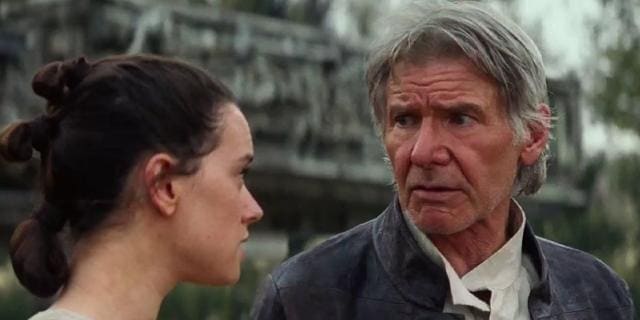 Harrison Ford and Daisey Ridley in Star Wars: The Force Awakens. Harrison Ford and Daisey Ridley in Star Wars: The Force Awakens.