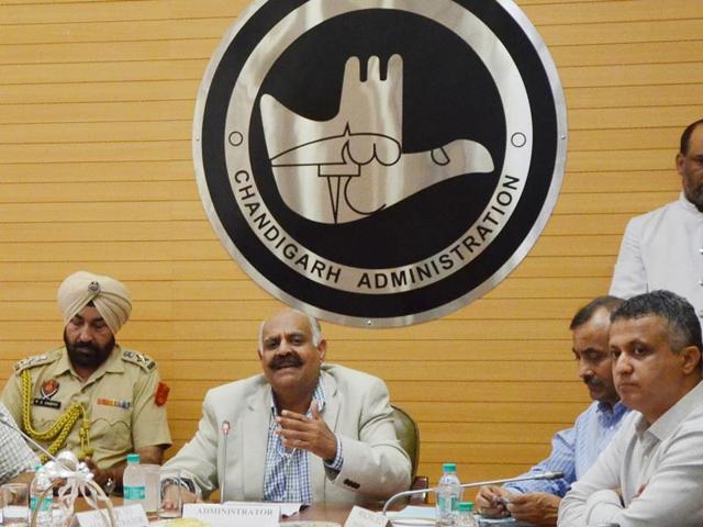 UT administrator VP Singh Badnore at a meeting with officer at the UT secretariat on Wednesday. To his right is UT adviser Parimal Rai and to his left is UT finance secretary Sarvjit Singh. (Keshav Singh/HT Photo) UT administrator VP Singh Badnore at a meeting with officer at the UT secretariat on Wednesday. To his right is UT adviser Parimal Rai and to his left is UT finance secretary Sarvjit Singh. (Keshav Singh/HT Photo)