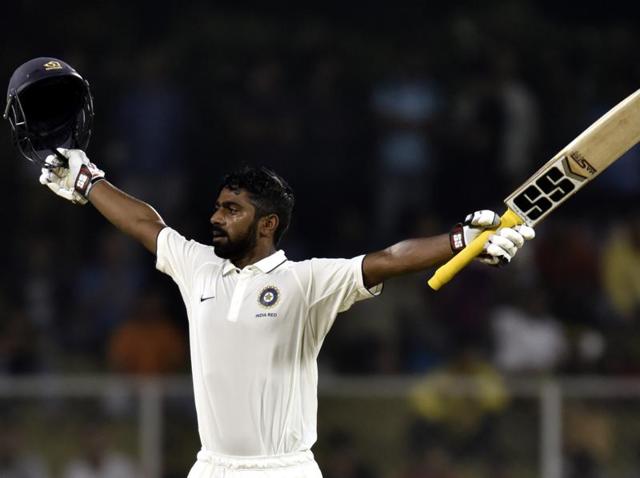 Abhinav Mukund of India Red celebrates his century against India Green on Day 2 of the Duleep Trophy opener in Greater Noida on Wednesday.(Hindustan Times)