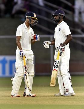 Mukund (R) and Chatterjee’s fine partnership brought the domination of the bowlers with the pink ball to a halt. (Mohd Zakir/HT Photo)