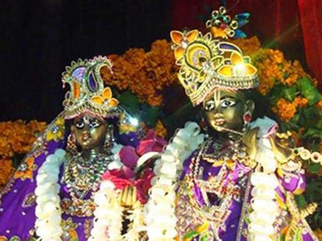 At Vrindavan Chandrodaya temple, the special attraction will be a swing made of silver in which the deities of Radha and Krishna will be gently swung after midnight arati. (HT Photo) At Vrindavan Chandrodaya temple, the special attraction will be a swing made of silver in which the deities of Radha and Krishna will be gently swung after midnight arati. (HT Photo)