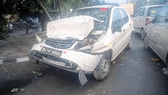 The Tata Indigo in which airhostess Shakambri Zutshi Dhar was travelling.