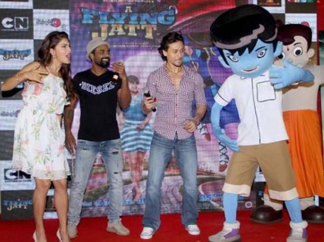(From left) Jacqueline Fernandez, Remo D’souza, Tiger Shroff  danced along with the characters Krrish and Chota Bheem . Interestingly,  the film was also primarily targeted at kids with its superhero theme.  (Twitter) 