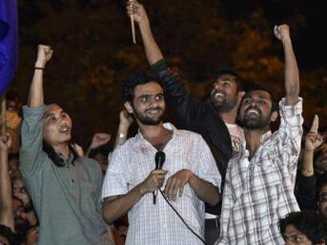 Kanhaiya Kumar celebrate the release of Umar Khalid and Anirban Bhattacharya with other JNU students in the New Delhi campus on March 18, 2016. (HT file photo) Kanhaiya Kumar celebrate the release of Umar Khalid and Anirban Bhattacharya with other JNU students in the New Delhi campus on March 18, 2016. (HT file photo)