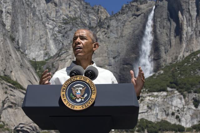 In this file photo, President Barack Obama speaks by the Sentinel Bridge in the Yosemite Valley, in front of Yosemite Falls, the highest waterfall in the park, at Yosemite National Park, Calif. (AP)