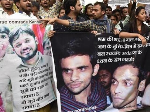 Kanhaiya Kumar celebrate the release of Umar Khalid and Anirban Bhattacharya with other JNU students in the New Delhi campus on March 18, 2016.(HT file photo) Kanhaiya Kumar celebrate the release of Umar Khalid and Anirban Bhattacharya with other JNU students in the New Delhi campus on March 18, 2016.(HT file photo)
