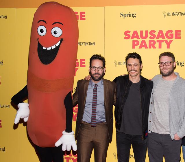 Paul Rudd, from left, James Franco and Seth Rogen pose with the costumed character Frank from the animated film Sausage Party during a screening at the Sunshine Landmark on Thursday, August 4, 2016, in New York. (Charles Sykes/Invision/AP)